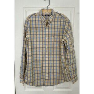 GREAT COND IZOD men’s 100% cotton yellow blue plaid button down shirt MEDIUM
